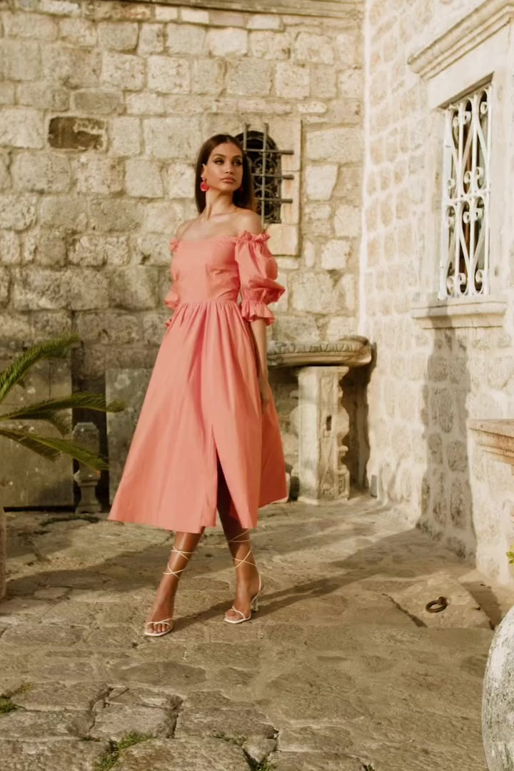 Adara Orange Poplin Off-Shoulder Midi Dress with Side Slit Alamour the Label