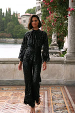Jessalyn - Black Sequin Jumpsuit with Feathered Cuffs Alamour the Label