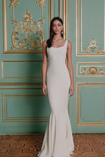 Rhea - White Crepe Gown with Square Neckline and Mermaid Train Alamour the Label