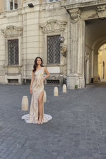 Pauletta - Nude One Shoulder Patterned Sequin Gown with Side Slit Alamour the Label