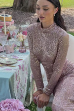 Heather Rose Gold Pink Sequin High Neck Long Sleeve Gown Alamour the Label
