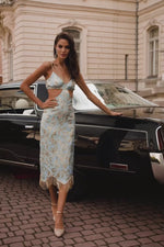 Lena Dress - Blue & Gold Midi Dress with Cut-Outs & Diamante Detailing Alamour the Label