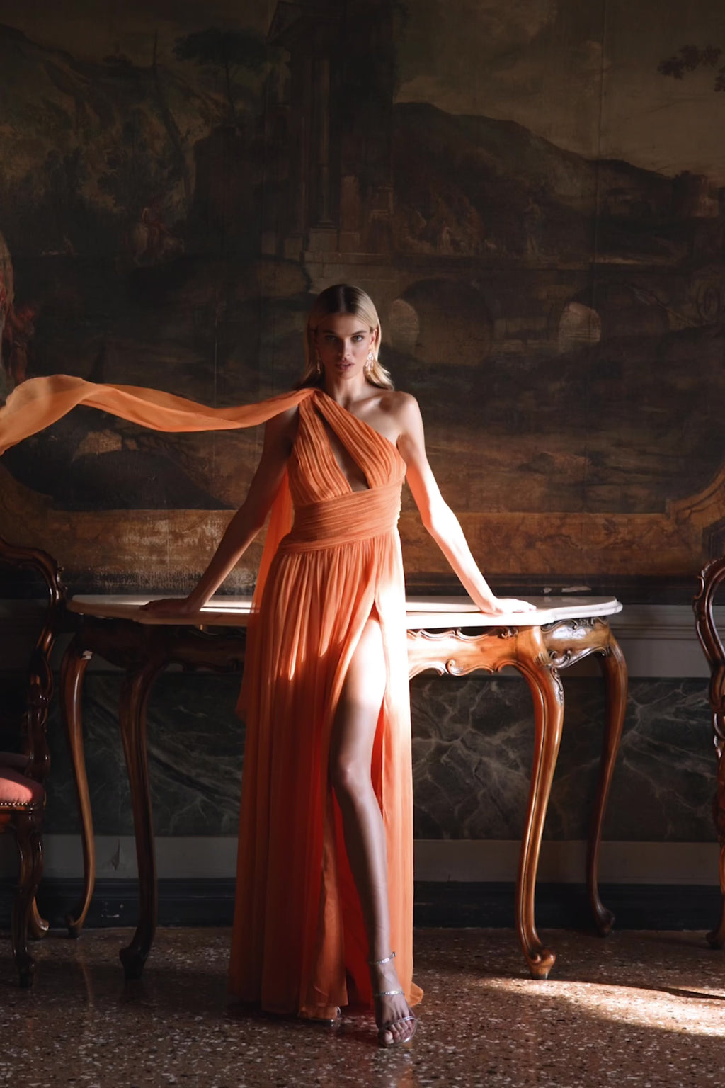 Sarelle - Orange Chiffon Gown with Bodice Cut-Out Alamour the Label