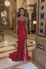 Levina - Red Strapless Sequin Gown with Side Slit & Open Back Alamour the Label