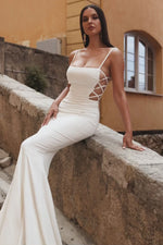 Kasey - White Crepe Gown with Lace-Up Sides and Straight Neckline Alamour the Label