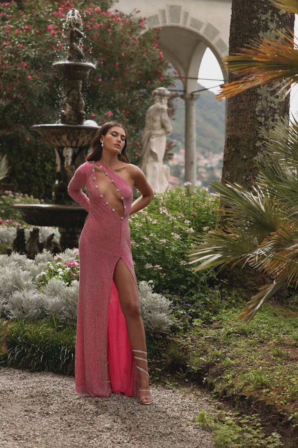 Shanna - Pink Diamante Gown with Open Plunge Neckline, Side Slit & Single Sleeve