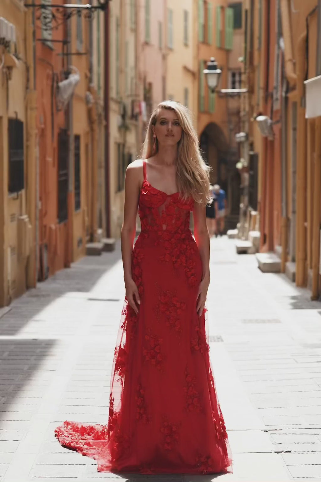 Magda - Red 3D Floral Gown with A-Line Silhouette
