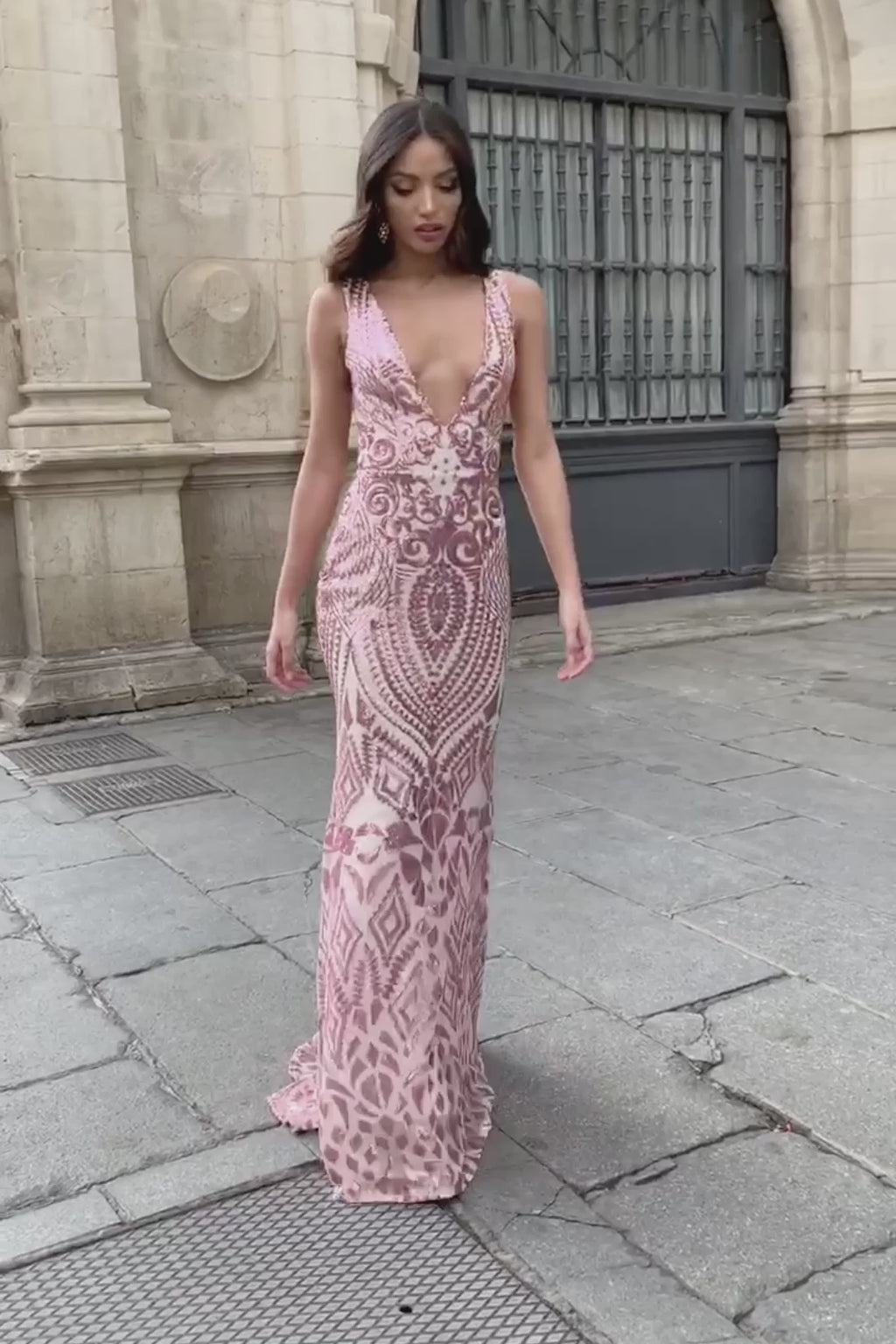 Raquel - Pink Patterned Sequin Mermaid Gown with Plunge Neck