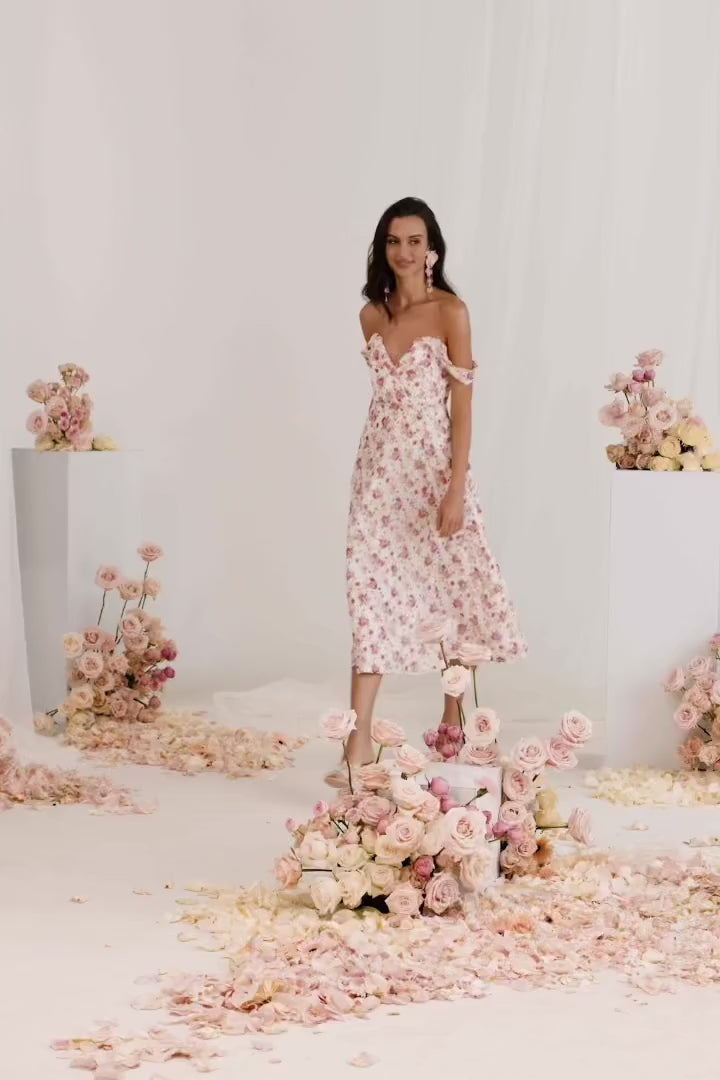 Araminta Floral Midi Dress with Off-Shoulder Sleeves Alamour the Label