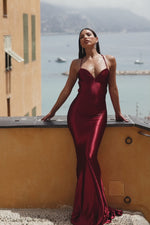 Maisie - Burgundy Satin Gown with Lace-Up Back Alamour the Label