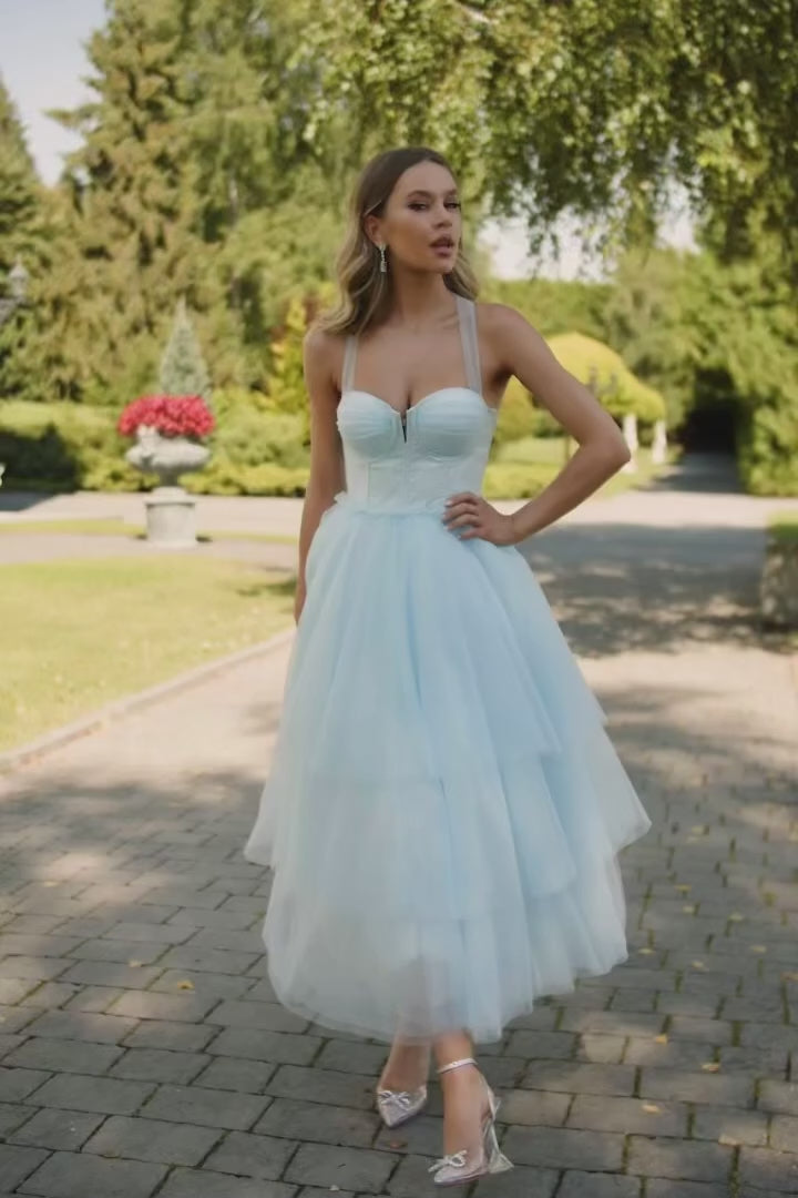 Jolie Dress - Baby Blue Tulle Midi Dress with Lace-Up Back Alamour the Label