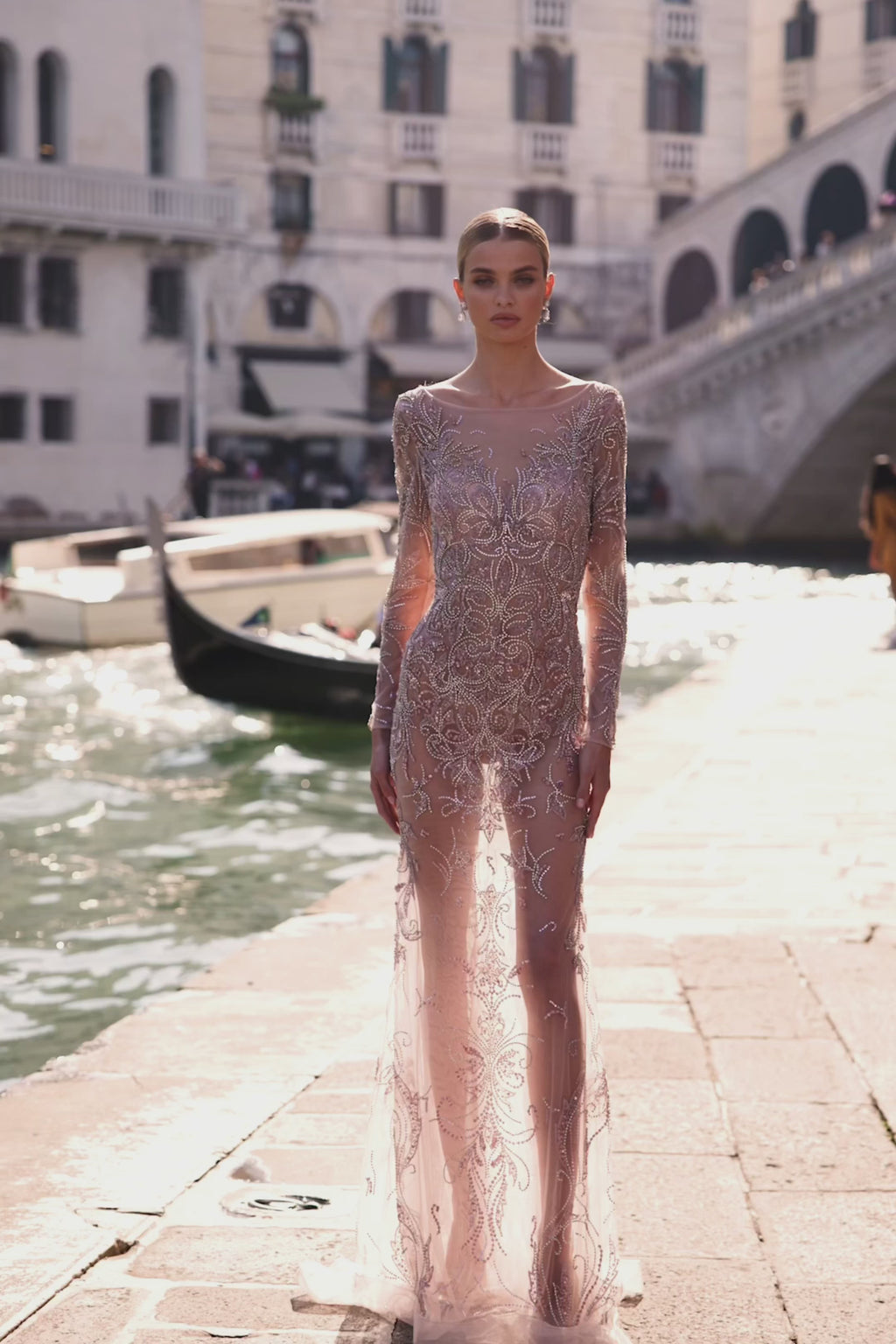 Venice - Lilac Sheer Beaded Gown with Long Sleeves Alamour the Label