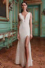 Harmonia - White Lace Fabric Gown with Plunge Neck & Open Sides Alamour the Label