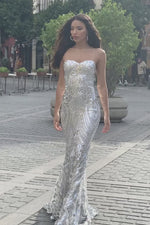 Malisa - Silver Strapless Sequin Gown with Sweetheart Neckline & Train Alamour the Label