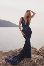 Salma - Navy Sequin Gown with Plunging Neckline and Mermaid Train Alamour the Label
