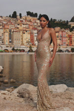 Anna - Gold Glitter Gown with Plunge Neckline and Mermaid Silhouette Alamour the Label