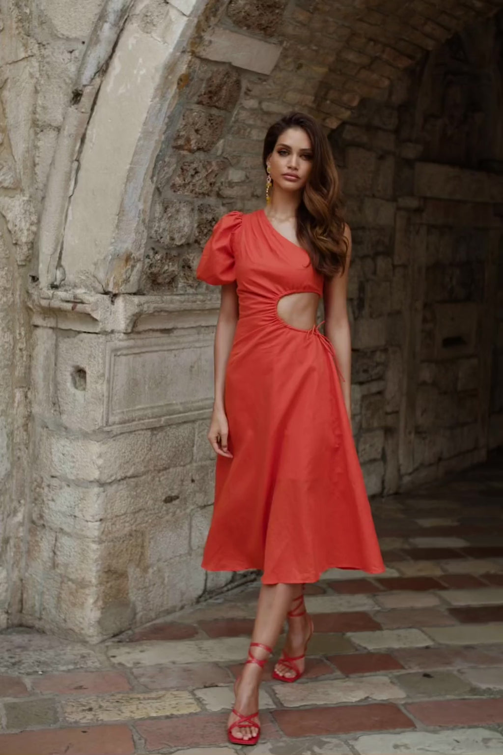 Morena Orange Linen Midi Dress with Waist Cut-Out Alamour the Label