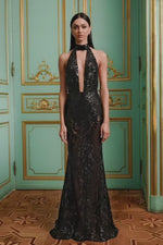 Nicola - Black Sequin Gown with Plunge Neckline and Sheer Skirt 