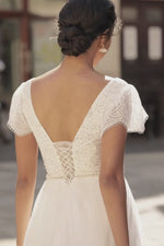 A&N Odila - White Lace Boho Bridal Short Sleeve Gown with Lace-Up Back Alamour the Label