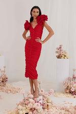 Monica Red Midi Dress with Rose Statement Sleeves Alamour the Label