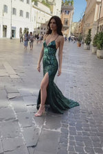 Genelle - Emerald Sequin Gown with Lace-Up Back and Side Slit Alamour the Label