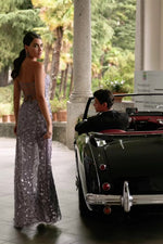 Eliza - Purple Beaded Strapless Gown with Side Slit & Lace-Up Back