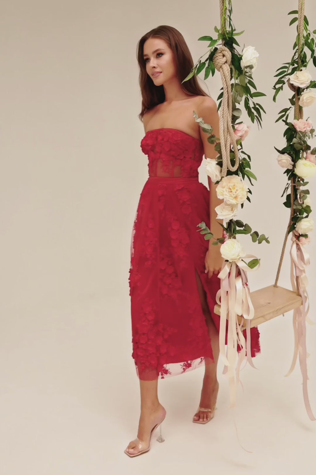Dakota Dress - Red 3D Floral A-Line Midi Dress with Lace-Up Back Alamour the Label