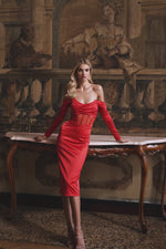 Ramiza Satin Red Dress with Long Off-Shoulder Sleeves - alamour the label