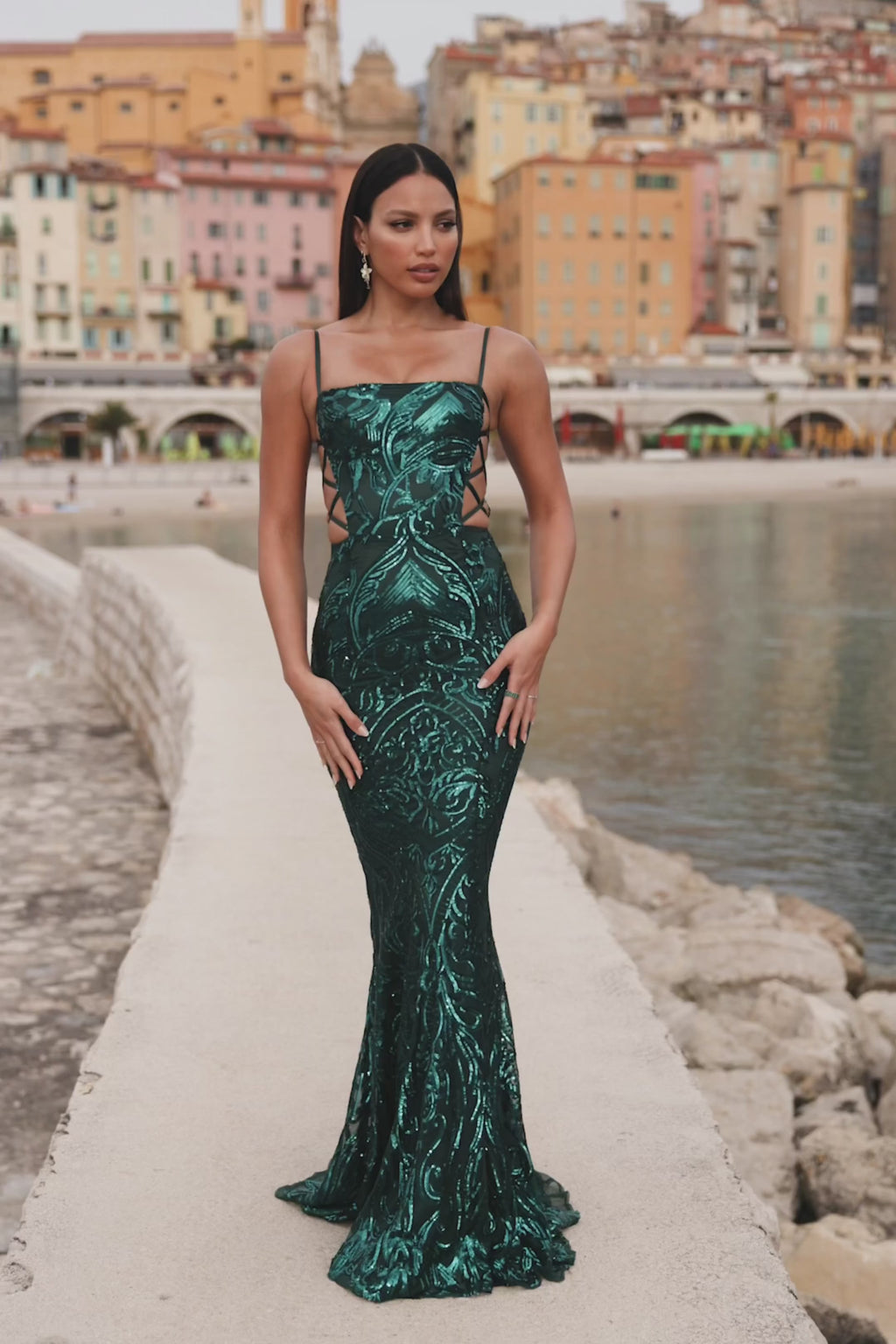 Electra - Emerald Sequin Gown with Lace-Up Sides and Straight Neckline Alamour the Label