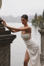 Faretti - White Strapless Gown with Sheer Bodice and Wrap Style Side Slit Alamour the Label