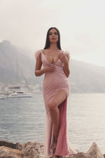 Zora - Pink Beaded Sequin Gown with Feather Trim Sleeves and Side Slit Alamour the Label