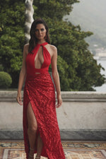 Paloma - Red Multiway Gown with Sequin Skirt and Jersey Bodice with a Side Slit Alamour the Label