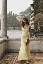 Alivia - Lime Satin Gown with Cowl Neckline, Side Slit and Lace-Up Back Alamour the Label