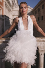 Niki - White Multiway Mini Dress with Feathered Skirt Alamour the Label