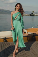 Naila Teal Satin Midi Dress with Single Long Sleeve Alamour the Label