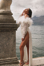 Claudette - White Gown with Off-Shoulder Feather Detail Alamour the Label