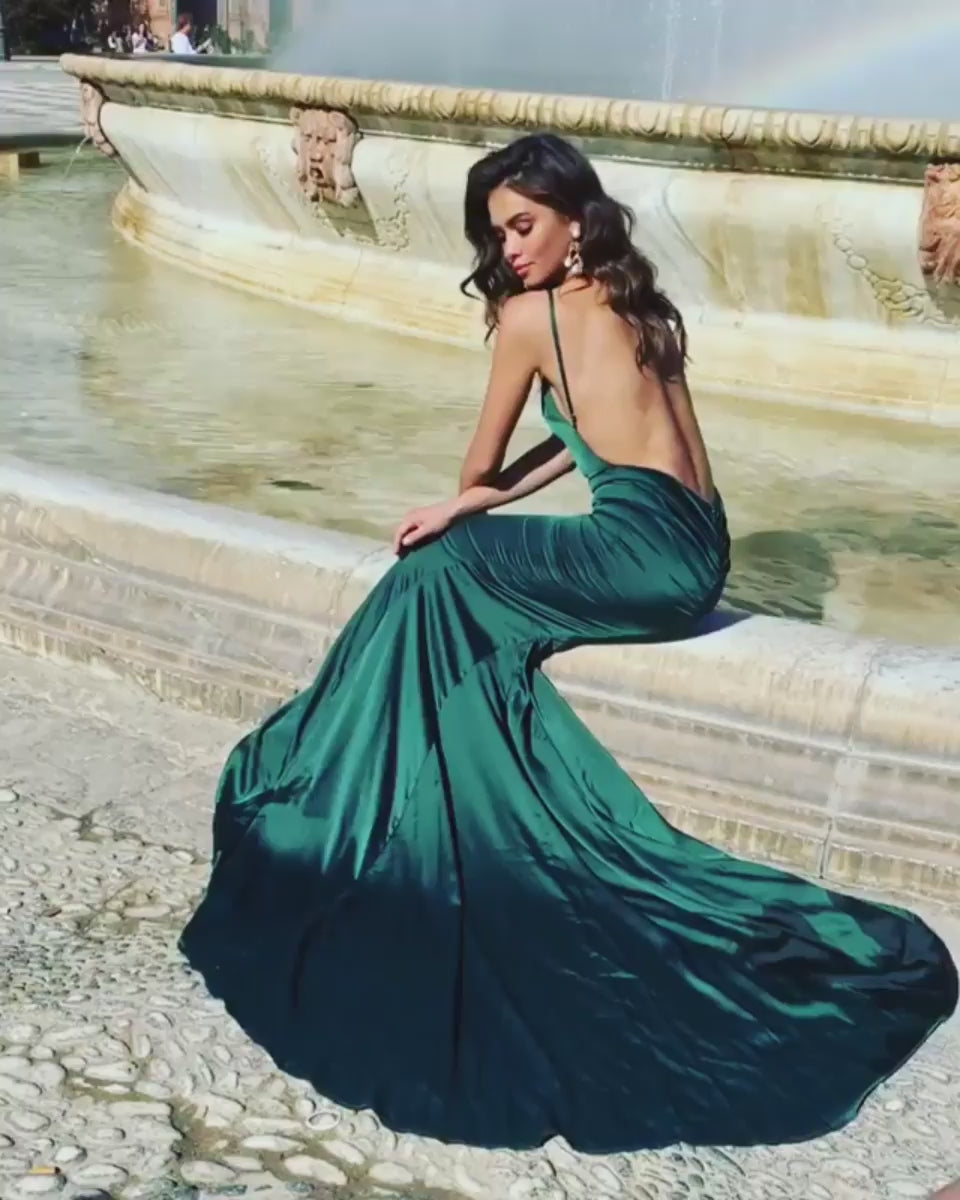 Delara - Emerald Satin Mermaid Gown with Straight Neckline & Low Back Alamour the Label