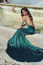 Delara - Emerald Satin Mermaid Gown with Straight Neckline & Low Back Alamour the Label