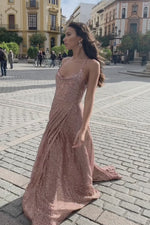 Prisilla - Rose Gold A-Line Sequin Gown with Cowl Neck & Side Slit Alamour the Label