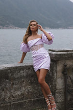 Ovica Lilac Mini Dress with Off-Shoulder Puff Sleeves and Sheer Boned Bodice Alamour the Label