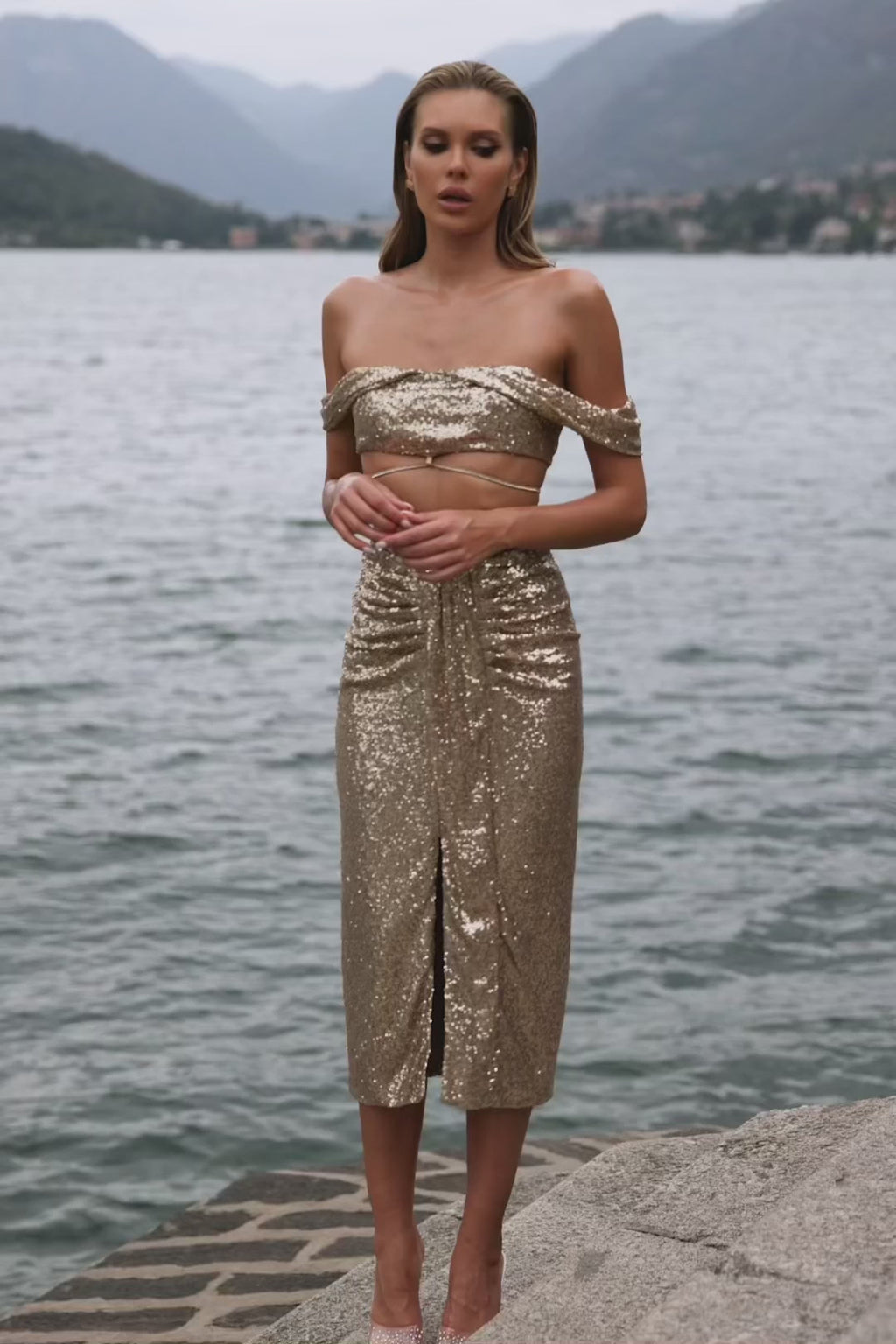 Fabiana Gold Sequin Set with Waist Ties & Off-Shoulder Sleeves - Alamour the Label