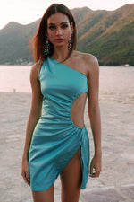 Carmen Teal Satin Mini Dress with Waist Cut-Out and High Slit Alamour the Label