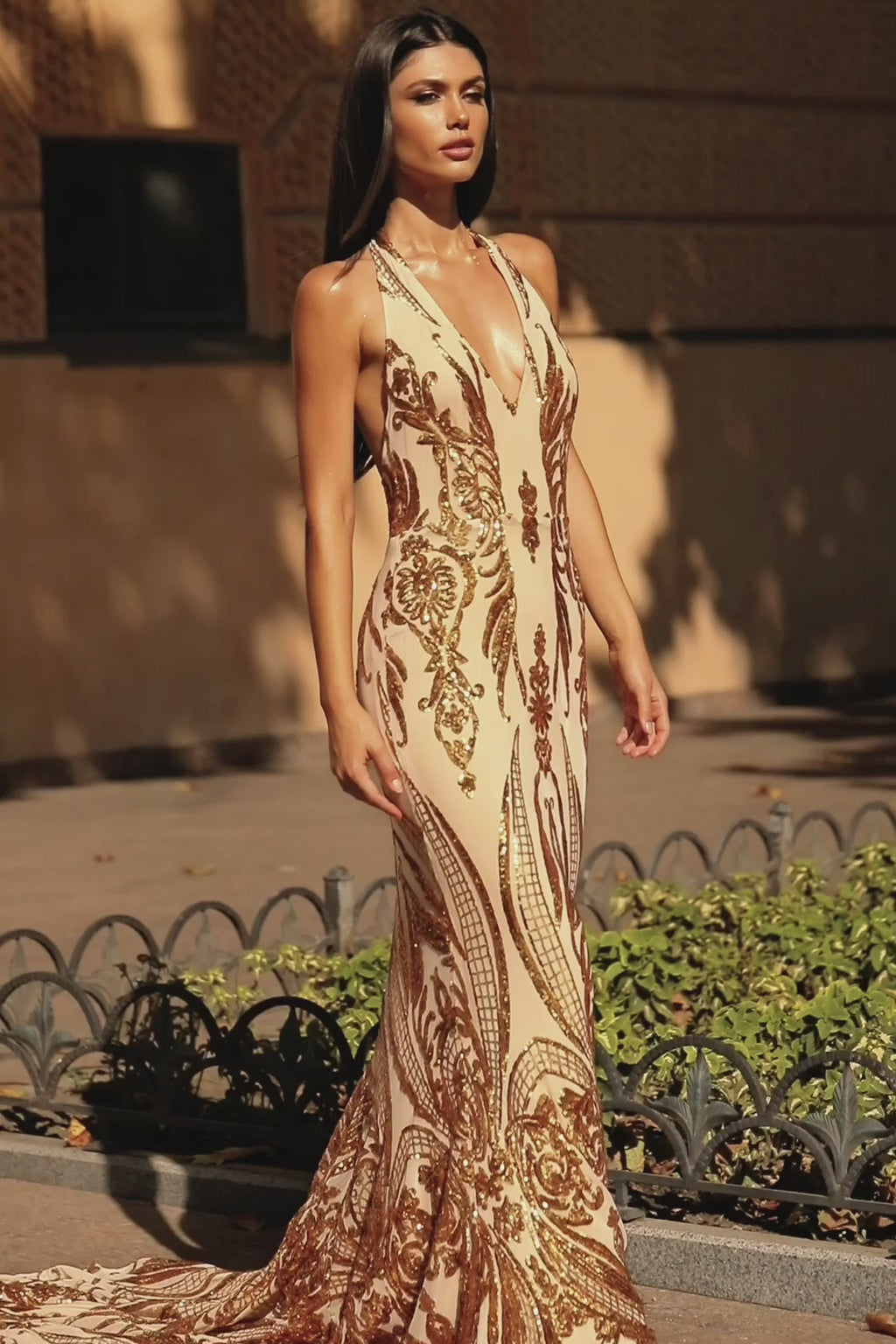 Ariya - Gold Sequin Backless Mermaid Gown with Plunge Neck & Train Alamour the Label