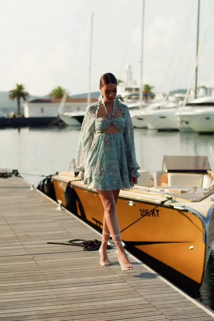 Aitana Teal Floral Mini Cut-Out Dress with Long Sleeves Alamour the Label