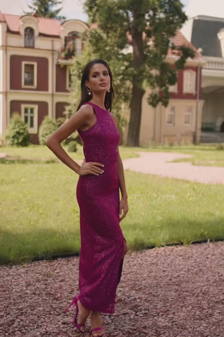 Arielle Magenta Sequin Midi Dress with Racer Neckline and Open Back Alamour the Label