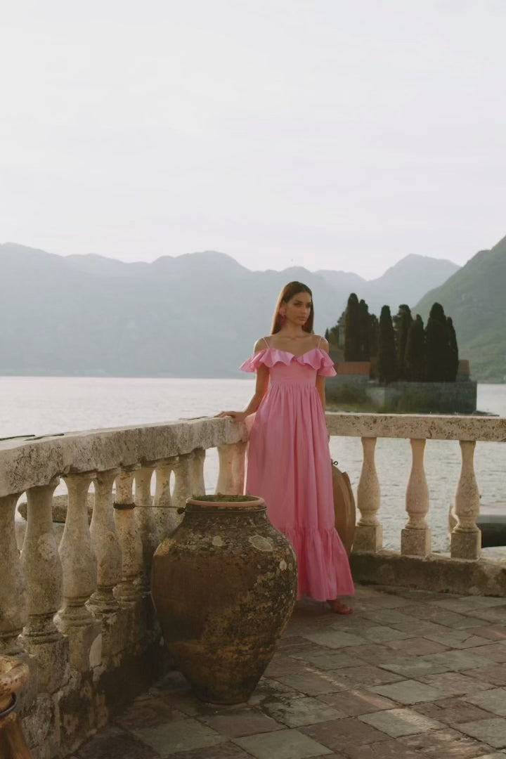 Halima Pink Poplin Maxi Dress with Frill Trim Bodice Alamour the Label