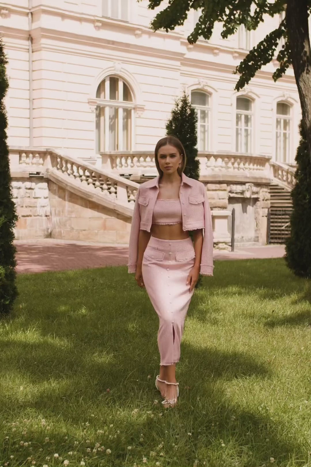 Amina Set - Shimmering Pink Tweed 3 Piece Skirt Set With Pearl Buttons Alamour the Label