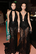 Nicola - Black Sequin Gown with Plunge Neckline and Sheer Skirt