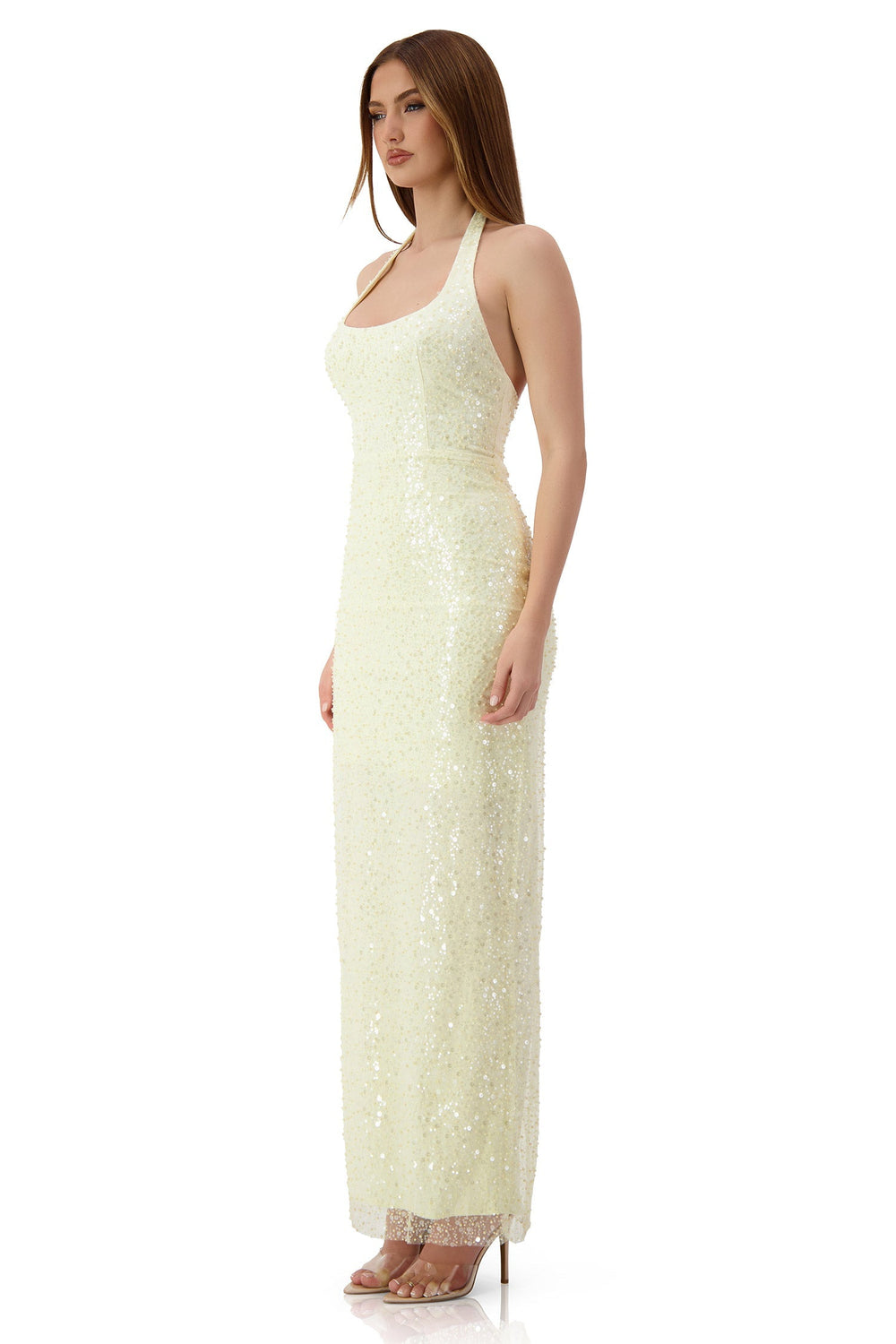Romina Beaded Halter Neck Cream Gown Alamour The Label Romina Beaded Halter Neck Cream Gown Alamour The Label