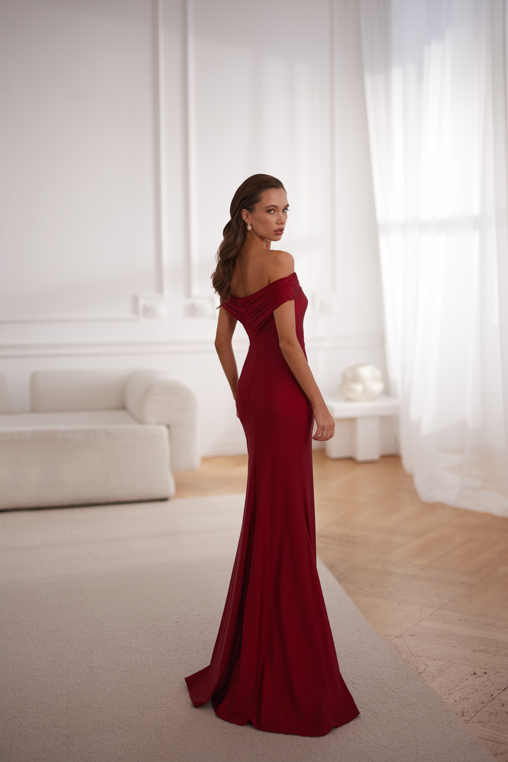 Miriam Off-Shoulder Wine Red Jersey gown